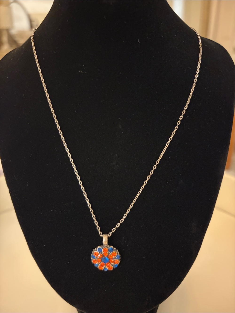 Vin. Marian Guardian Angel Swarovski crystal cobalt and orange pendant 16”.